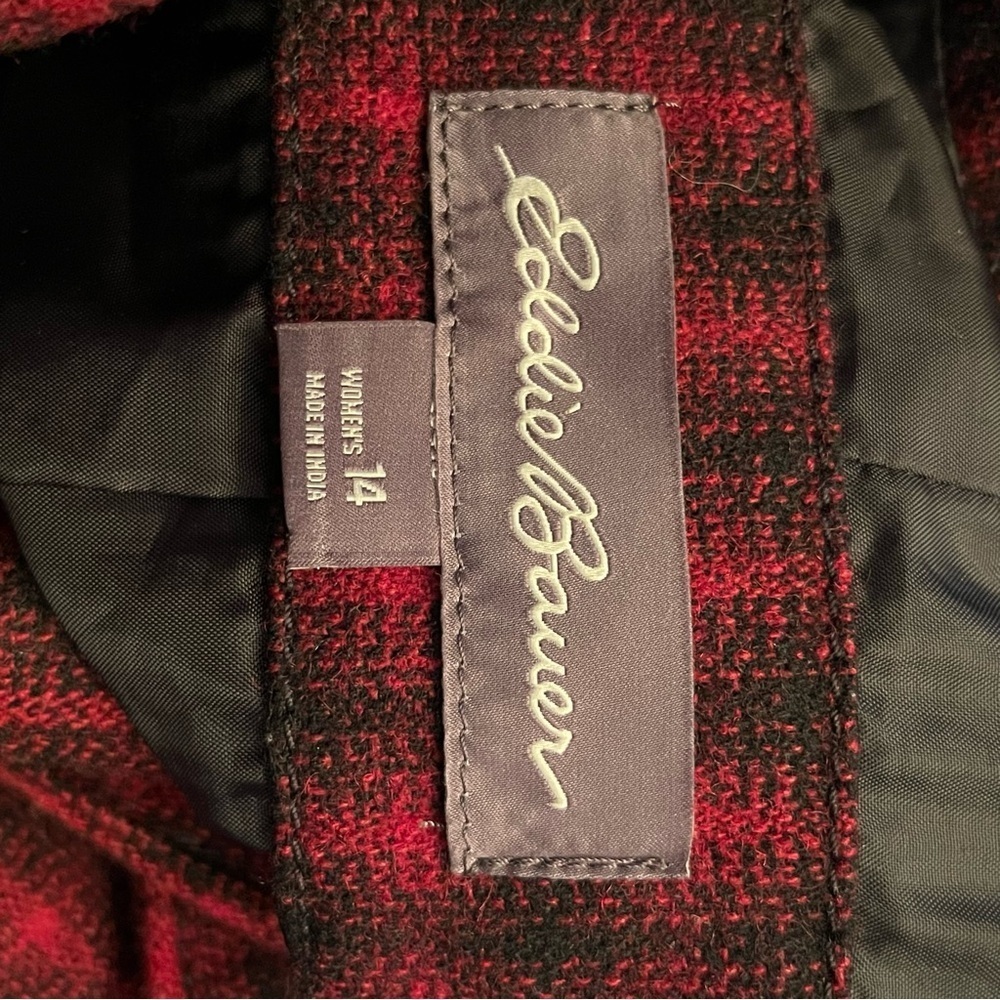 Eddie Bauer Tartan Plaid Burgundy Red Black Wool Double Button Blazer Size 14 - Picture 6 of 7